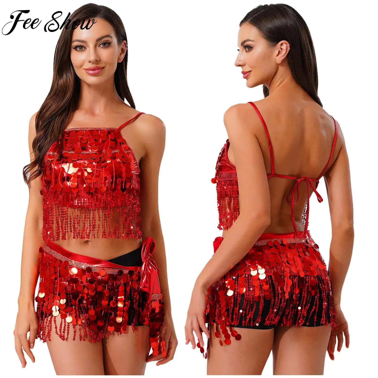

Womens Belly Dance Outfits Sequin Tassel Fringe Backless Sling Crop Top+Lace-up Hip Scarf Set for Latin India Dance Performance