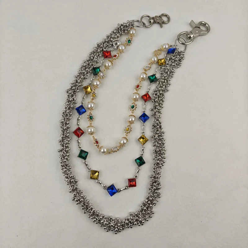 2025 New Model Pearl Pants Chain Three Layers Locomotive Chain Fashionable Men And Women Hip Hop Accessories Retro Keychain
