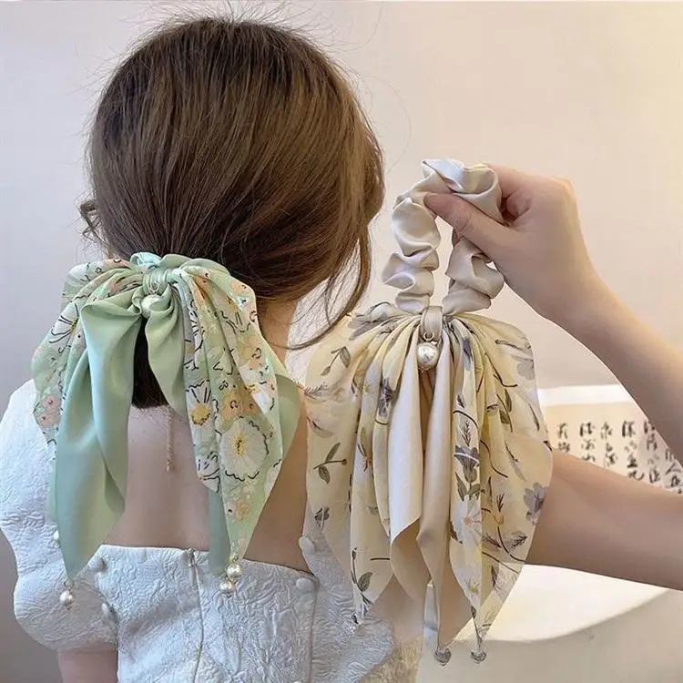 

New Elegant Hepburn Style Oversized Bow Hair Scrunchie Long Ribbon Ponytail Holder French Chic High-End Hair Accessories