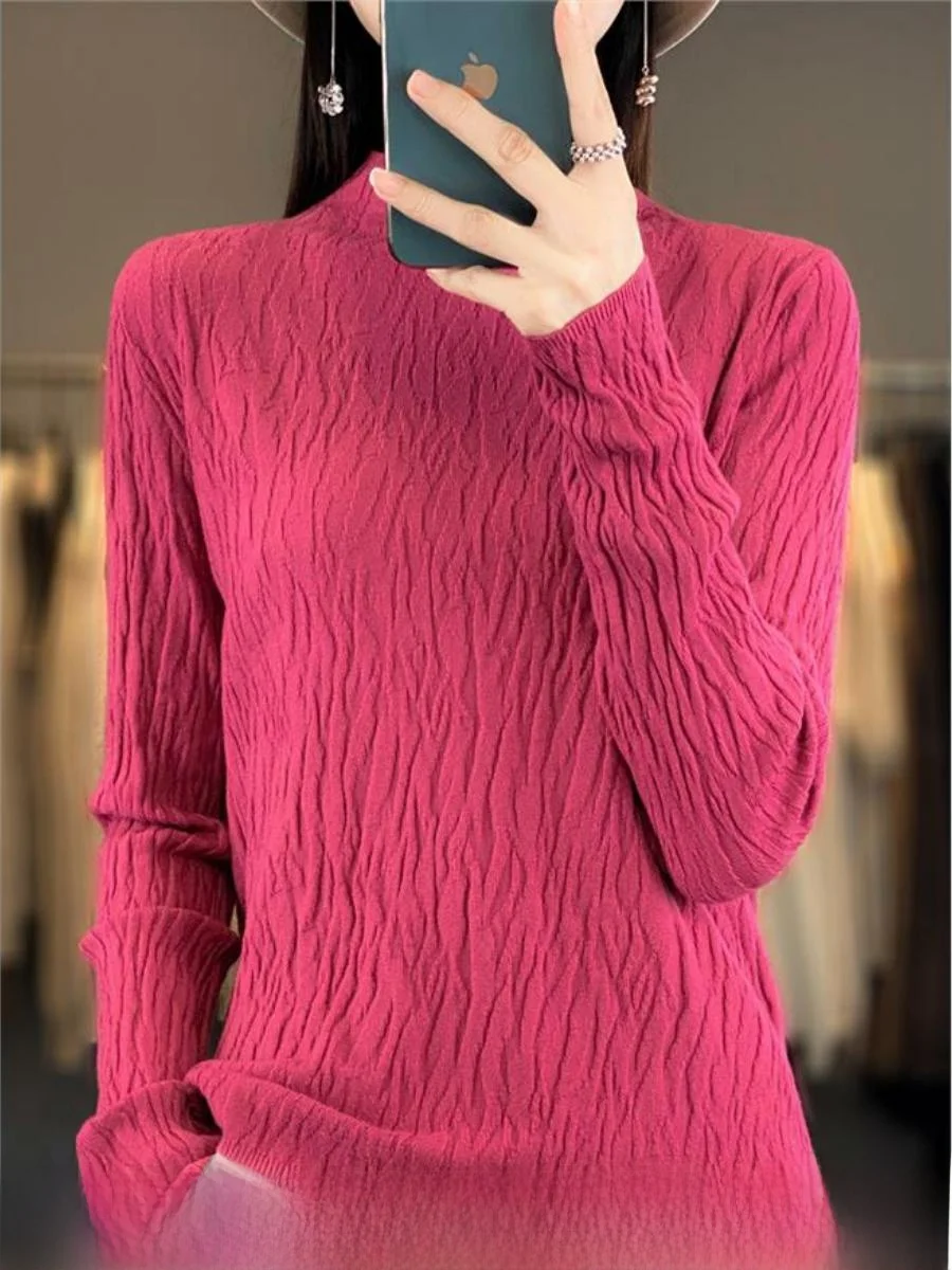 

Осенне-зимний женский приталенный шерстяной базовый свитер irt f с высоким воротником, модный сложенный подол, универсальный пригородный свитер...