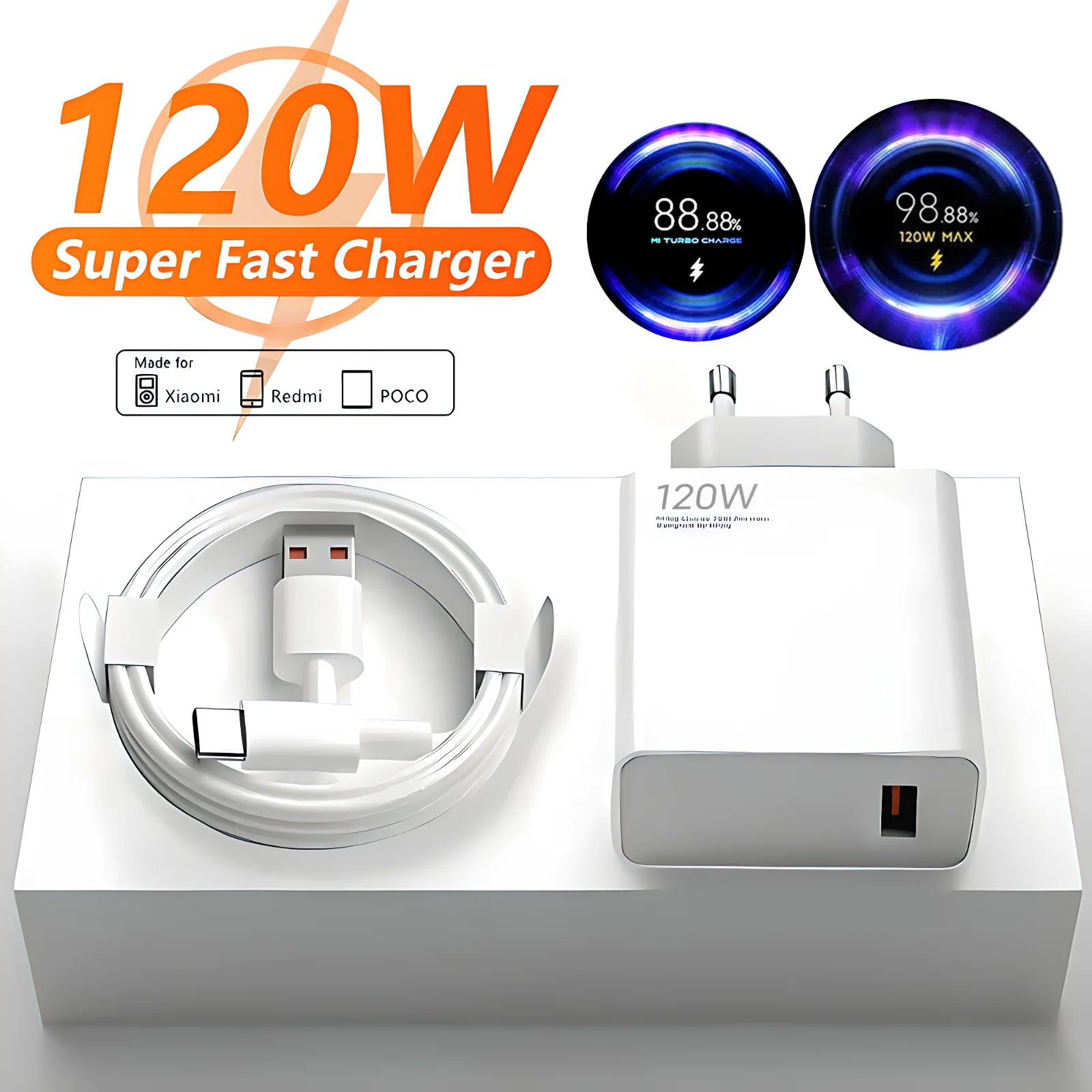 6A 120W EU Fast USB Wall Charger for Xiaomi 11 12 13 14 Ultra Redmi Note 10 11T 12 13 POCO F5 X5 Pro Type C Turbo Charging Cable