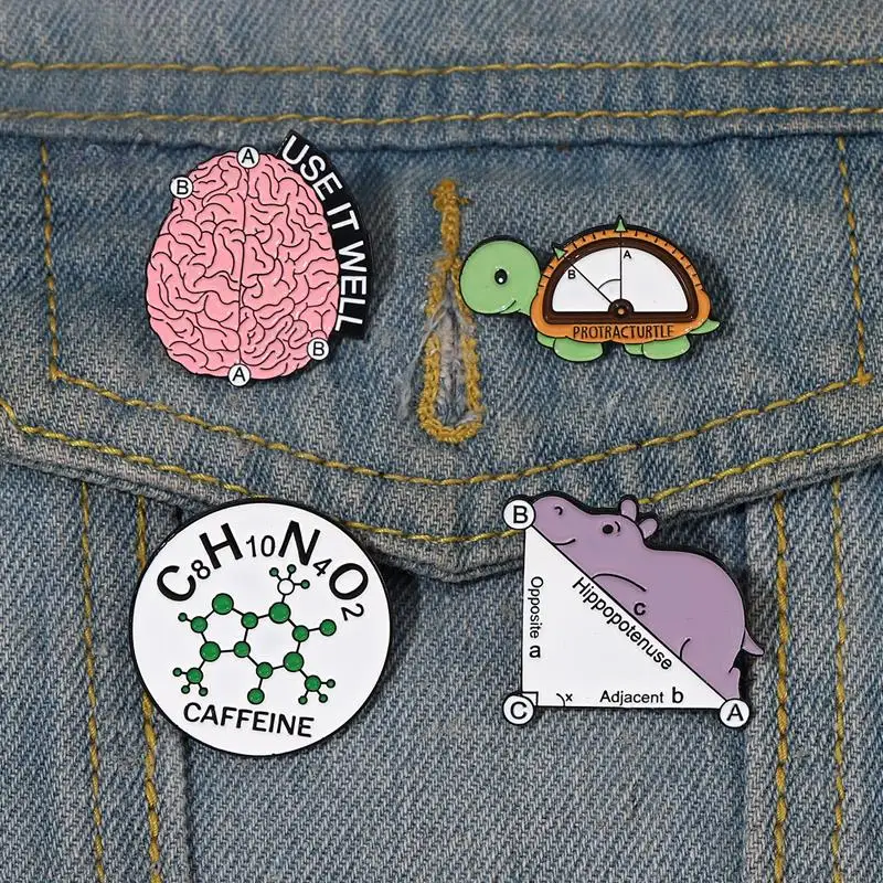 Alfileres personalizados, broche de hipopótamo y tortuga, utiliza el cerebro, bien, insignia de solapa de cafeína, joyería divertida de animales, regalo para niños, amigos, álbumes de matemáticas, esmalte