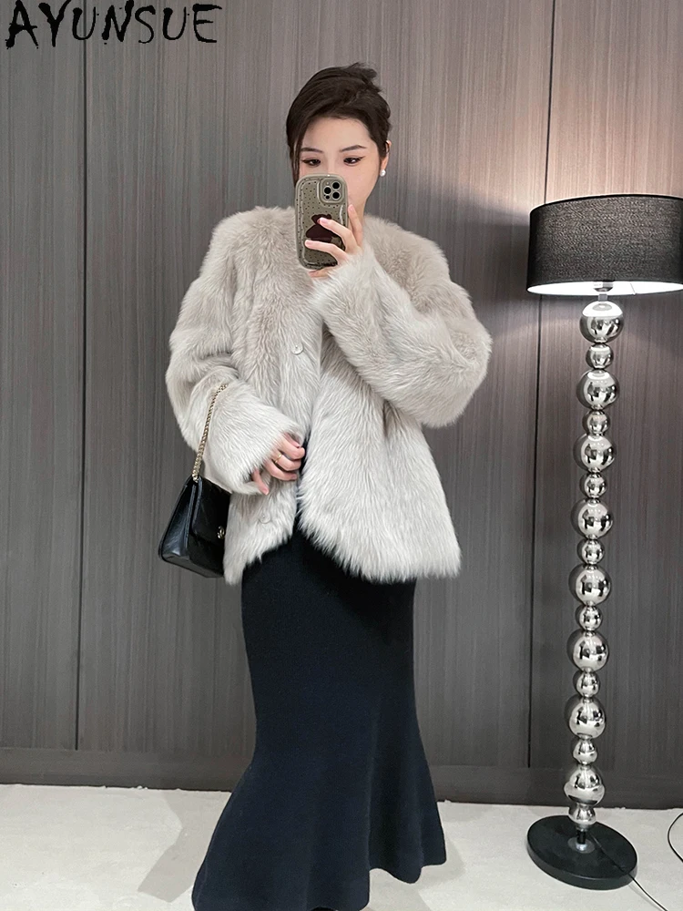 AYUNSUE 2025 Nowa Kurtka Damska z Shearlingu Dekolt V Krótka Kurtka z Jagnięcej Skóry Damska Odzież Naturalna Wełna Nowość w Odzieży Wierzchniej Abrigo Mujer