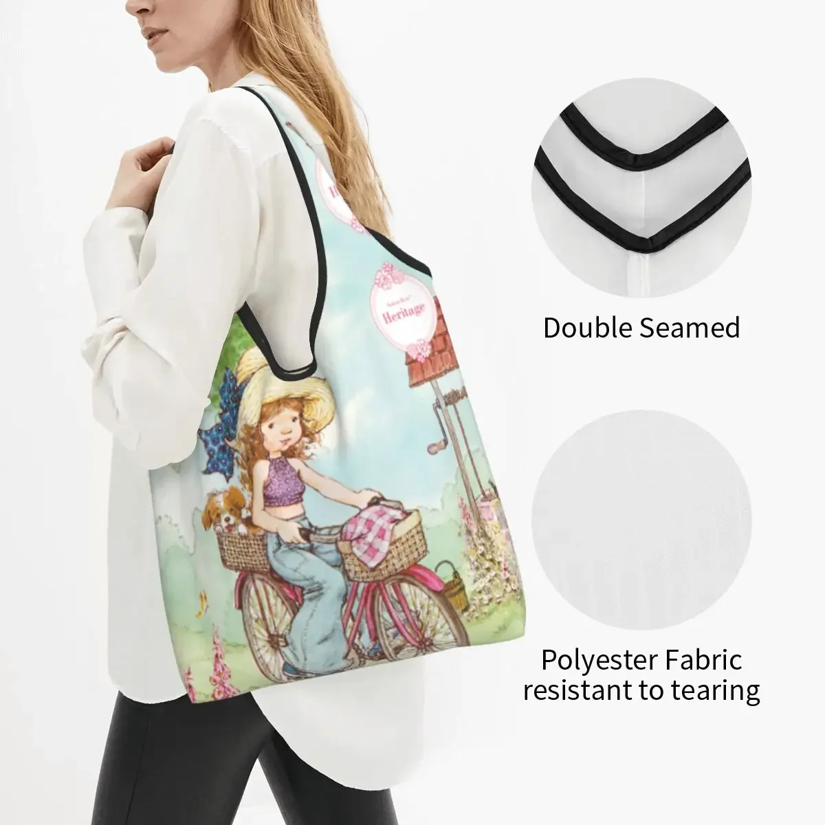 Cute Sarah Kay Girl Shopping Bags Reusable Washable Foldable Cartoon Country Life Grocery Bags 50lb Heavy Duty Light HandBags