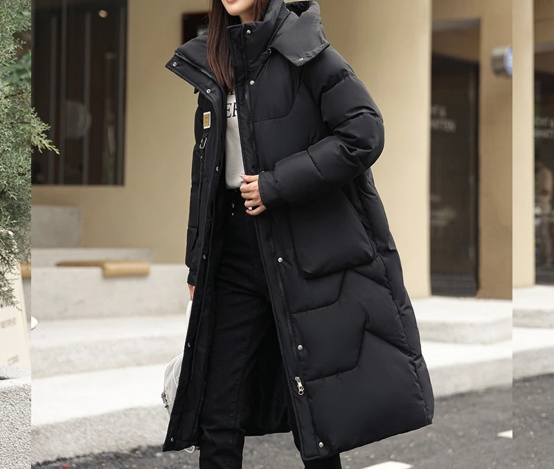 2025 Winter New Detachable Hat Cotton Jacket for Women  Mid To Long Size  Over Knee Thickened Cotton Jacket