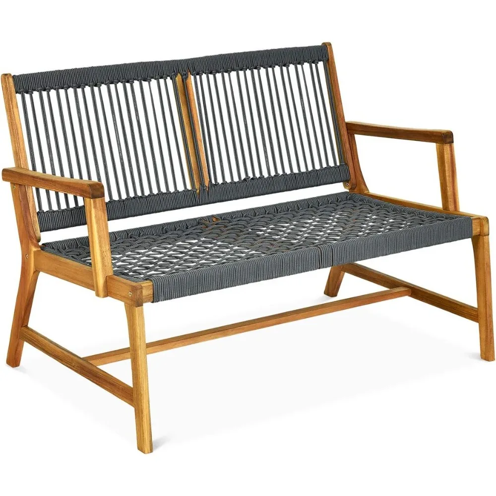 

2-Person Patio Acacia Wood Bench Loveseat, Outdoor Patio Rope Bench in Teak Oil Finish, for Balcony Deck Poolside Porch