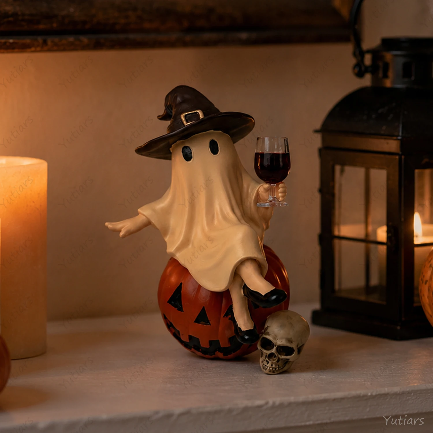 Gruselige Halloween-Geisterstatue mit Hexenhut, Weinglas, Harzornament, niedliche Tischdekoration, Geschenk für Freunde und Familie – Detail 6