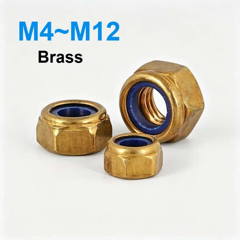 M4 M5 M6 M8 M10 M12 Brass Hex Nylon Insert Lock Nut Self‑locking Nylock Locknut Anti‑Loosening Copper Hexagon Nut for Fastening