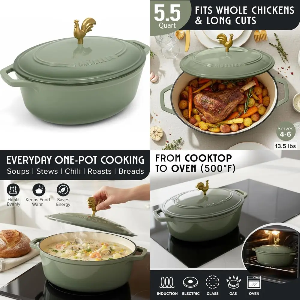 

Эмалированная чугунная овальная голландская духовка емкостью 5,5 литра, сверхпрочная посуда, ручка петуха, безопасная для духовки до 500 ° F, подходит для всех приготовления пищи