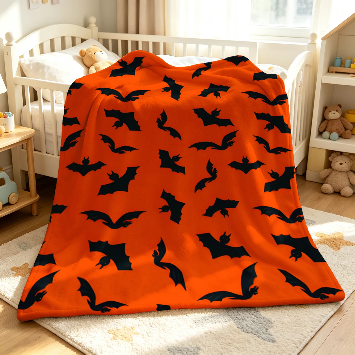 Orange Bat Figures Flannel Blanket Warm Soft Halloween Christmas Decorative Couch Warm Cozy All-Season Gift