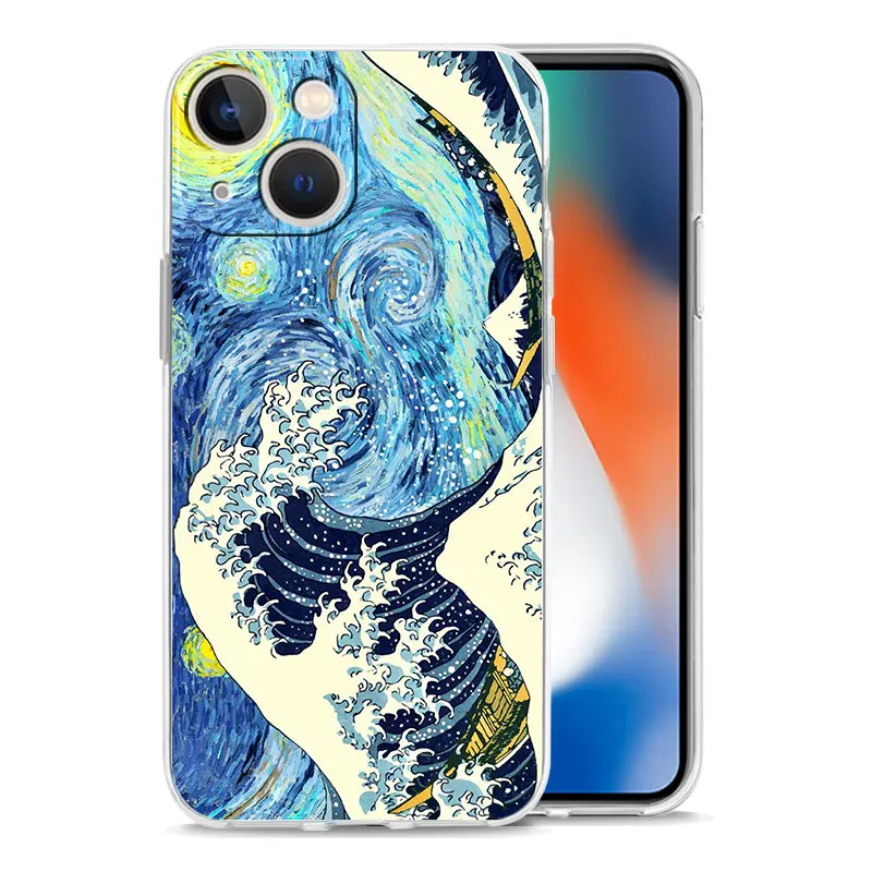 Luksusowe etui na telefon dla iPhone 15 14 13 12 11 Pro Max XS X XR 7 8 Plus przezroczysta, odporna na wstrząsy obudowa Golden Great Wave Kanagawa