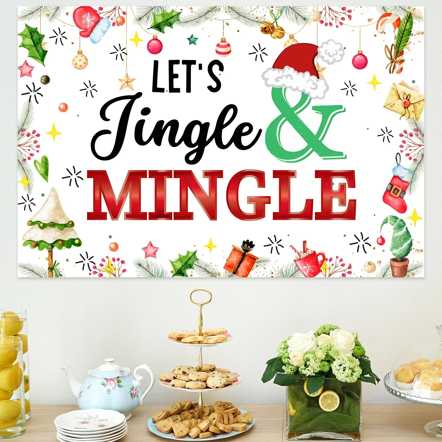 CHEEREVEAL Let's Jingle and Mingle Christmas Party Background Fabric Party Decoration Hanging Cloth