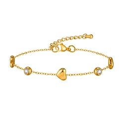Heart Cubic Zirconia Stainless Steel Chain Bracelets for Women, Adjustable Link Charms Dainty Friendship Jewelry