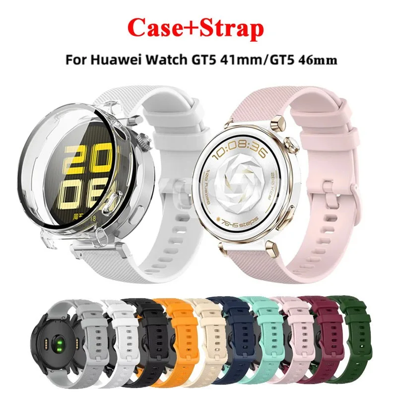 Huaweiウォッチ用シリコンウォッチバンドとケースカバー、女性用交換用リストバンドストラップ、ブレスレットベルトシェル、gt 5、gt5,46mm、41mm