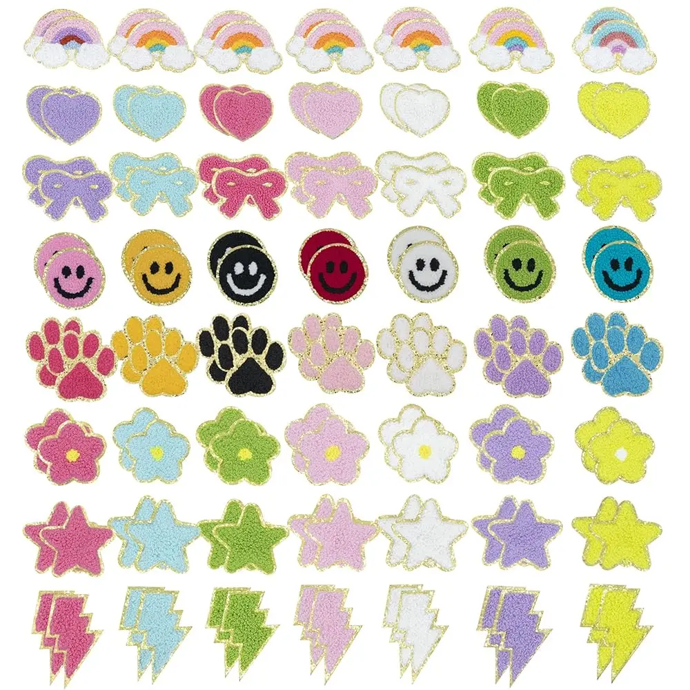 

112 PCS Love Heart,Smile Face,Rainbow,Flower,Paw 2 Set Self-Adhesive Chenille Applique Patches Embroidered Chenille Patches f