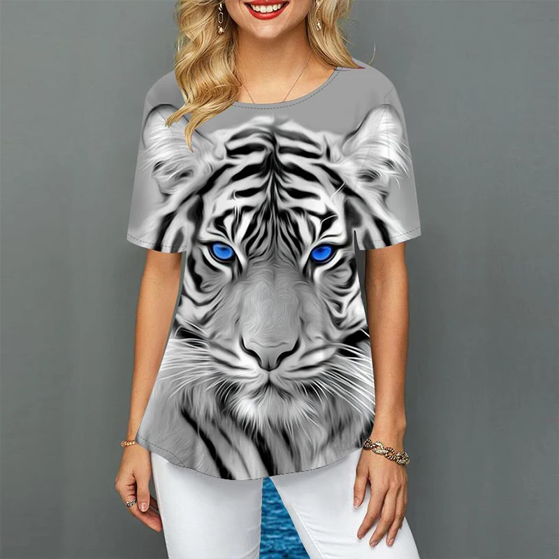 Women Plus Size Ladies Tee Short Sleeve T Shirts Colorful Tiger 3d Print Loose Casual Tops Female Irregular Summer Clothes