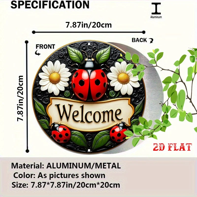 2D Flat, 2D Flat 1pc Garden Invite 7.87X7.87 Round Aluminum Sign, Floral Decoration Round Aluminum Sign, Ladybug Design Metal