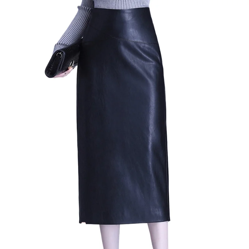 KMETRAM Genuine Leather Long Skirts for Women Black Spring Autumn Women Clothing Thin Split Skirt 2024 High Waist Jupe Longue