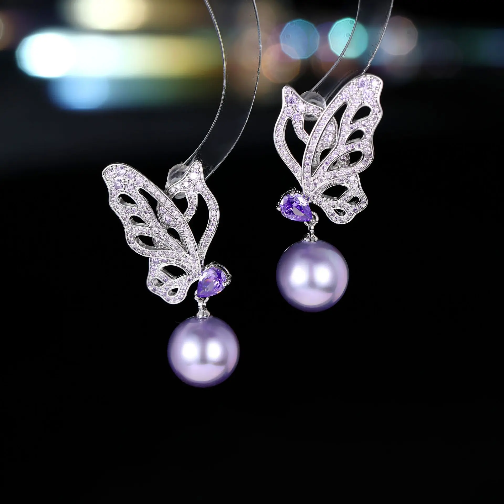 

Purple Butterfly Earrings Pearl Drop Cute Jewelry
