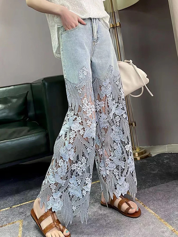 

Женские летние новые модные прямые брюки с эффектом утончения, легкие и роскошные, с вырезами, кружевными вставками, широкие, с высокой талией, джинсы