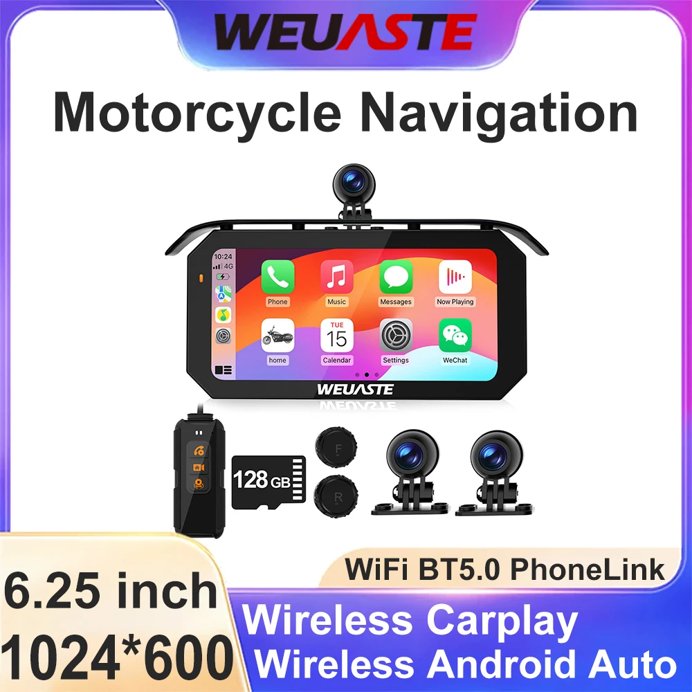 Cámara de salpicadero para motocicleta de 6,25 pulgadas TPMS Moto Carplay Android Auto 1080P pantalla HiCar Sensor de luz grabación en bucle control con cable