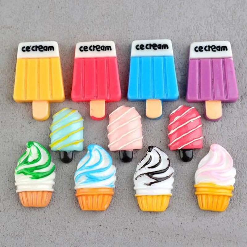 10pcs 2024 Diy Resin Ice Cream Ice-Lolly Popsicle Charms Flatback Kawaii Cabochon Craft Jewelry Making Ornament Decoration