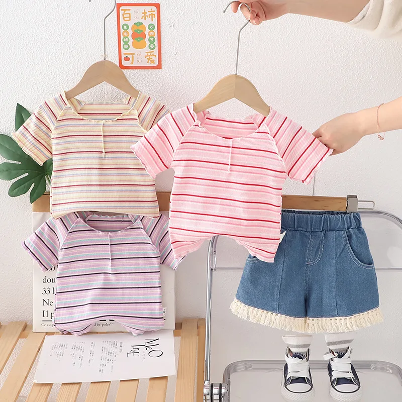 2Piece Summer Clothes Girls Outfit Sets Korean Fashion Knit Stripe Short Sleeve Tops+Denim Shorts Kids Boutique Clothing B065