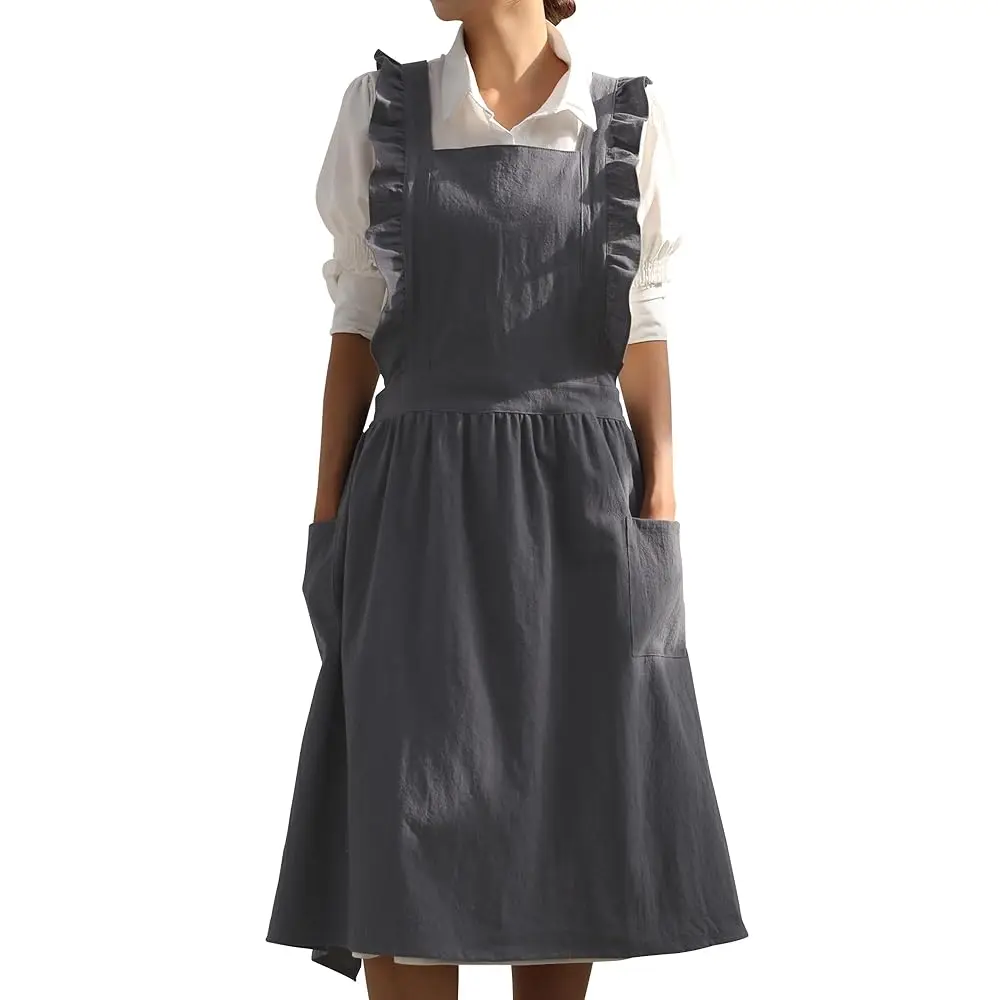 

Хлопково-льняной фартук-сарафан для женщин с перекрестной спинкой и карманами для кухни, садоводства, рисования