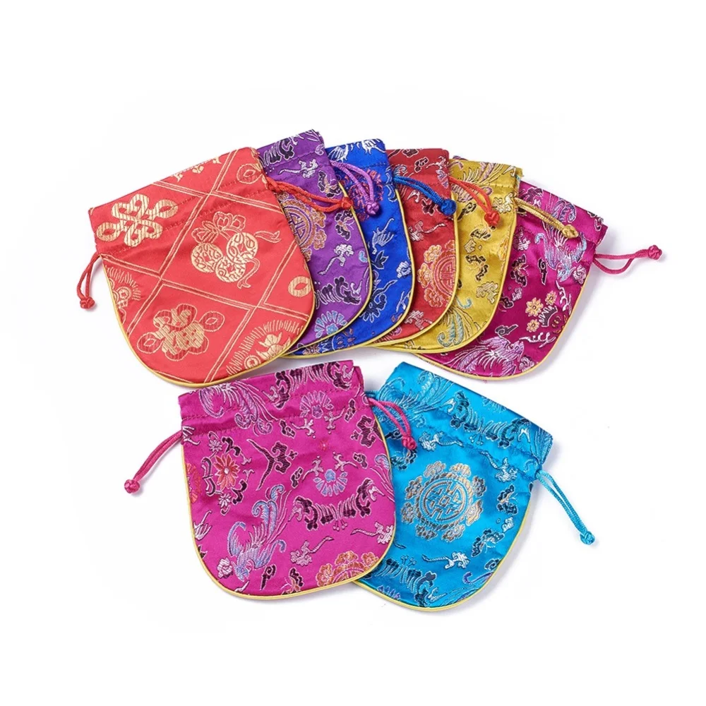 10pcs Silk Packing Pouches Chinese Style Drawstring Bags For Candy Present Jewelry Wrapping Display 13~13.5x11.4~12cm