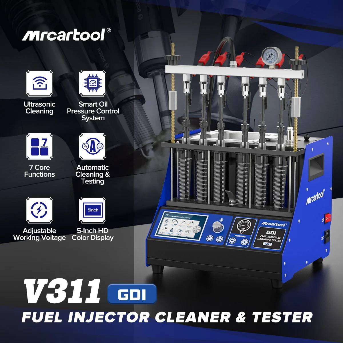 MRCARTOOL V311 Fuel Injector Cleaning & Tester Machine Car 6 Cylinders Heating Cleaner for GDI 110V 220V with 5 inch Smart Panel