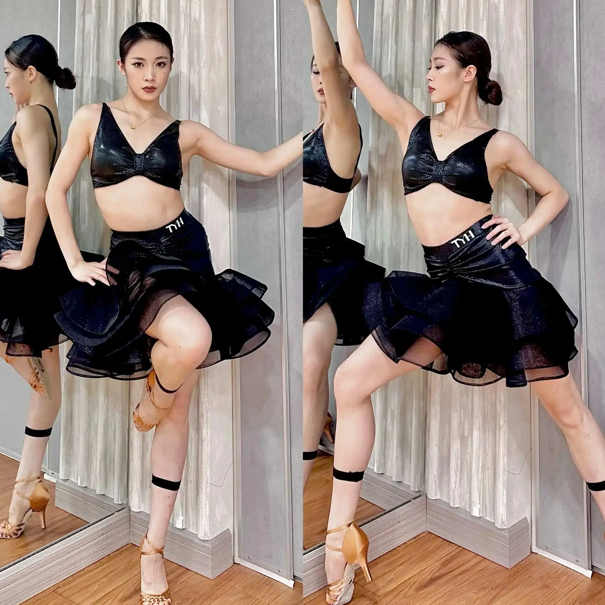 

2025 New Women Dancing Clothes Latin Dance Clothing Sexy Vest Fishbone Mesh Skirt Suit Chacha Rumba Latin Dance Costume DQL11309