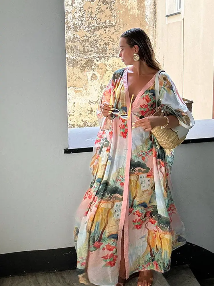 

Fashion Print Half Sleeve Loose Midi Dress Women Casual V Neck Single-breasted Slit Dresses 2024 Early Autumn Lady Holiday Robe