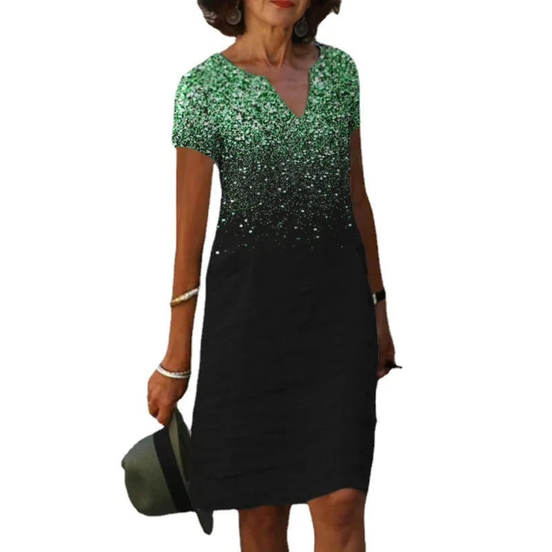 2025 Women's Spring New AliExpress Trend Positioning Printed V-Neck Short Sleeve Dress cw96174