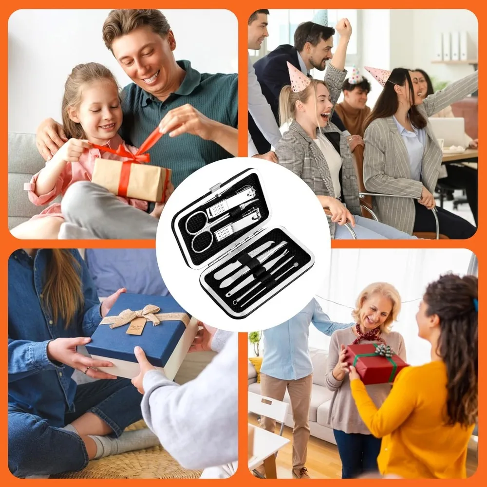 12 juegos de manicura, cortaúñas a granel, kit de pedicura para hombres, kit de pedicura para el cuidado de uñas con estuche de viaje 8 en 1 de acero inoxidable