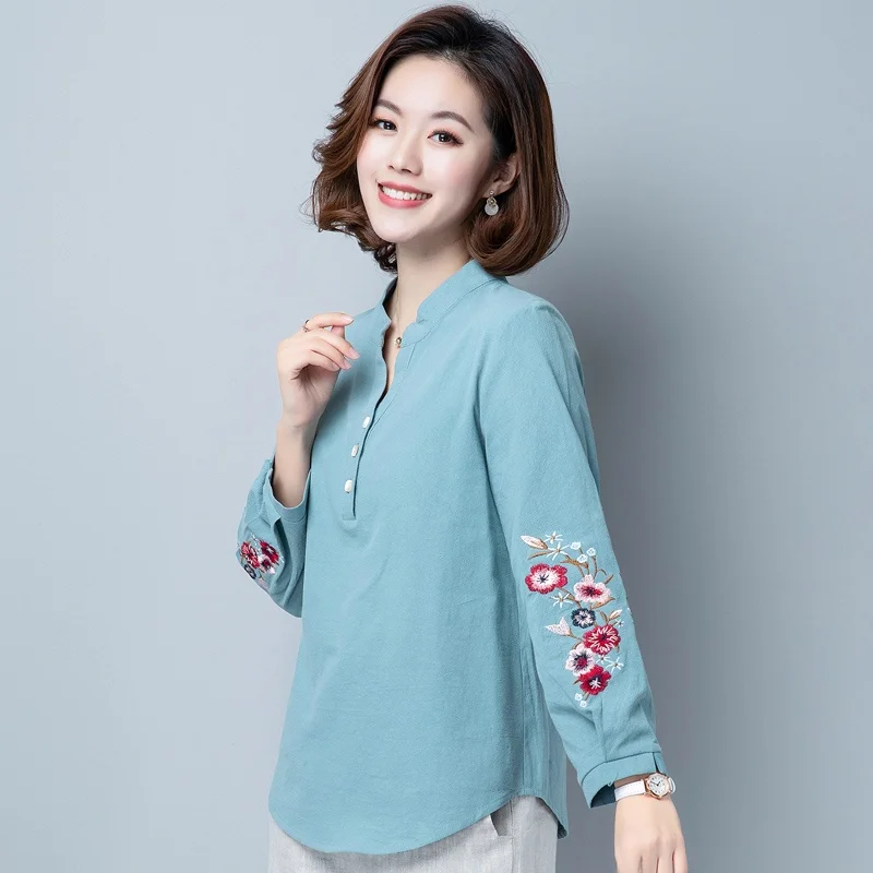 تي شيرت نسائي طويل من القطن والكتان لربيع وخريف طبقة أساسية قابلة للتنشيط للأمهات في منتصف العمر بتفاصيل زر على شكل حرف V #3