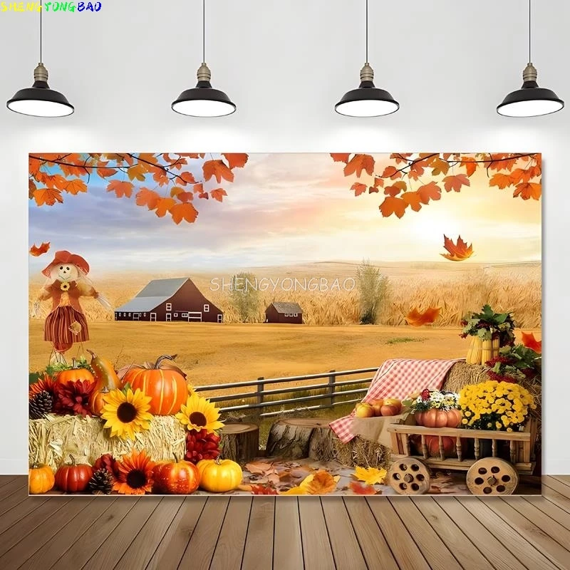 Halloween Day Autumnal Pumpkins Photography Backdrops Props Maple Leaf Scarecrow Farm Harvest Thanksgiving Background RR-15