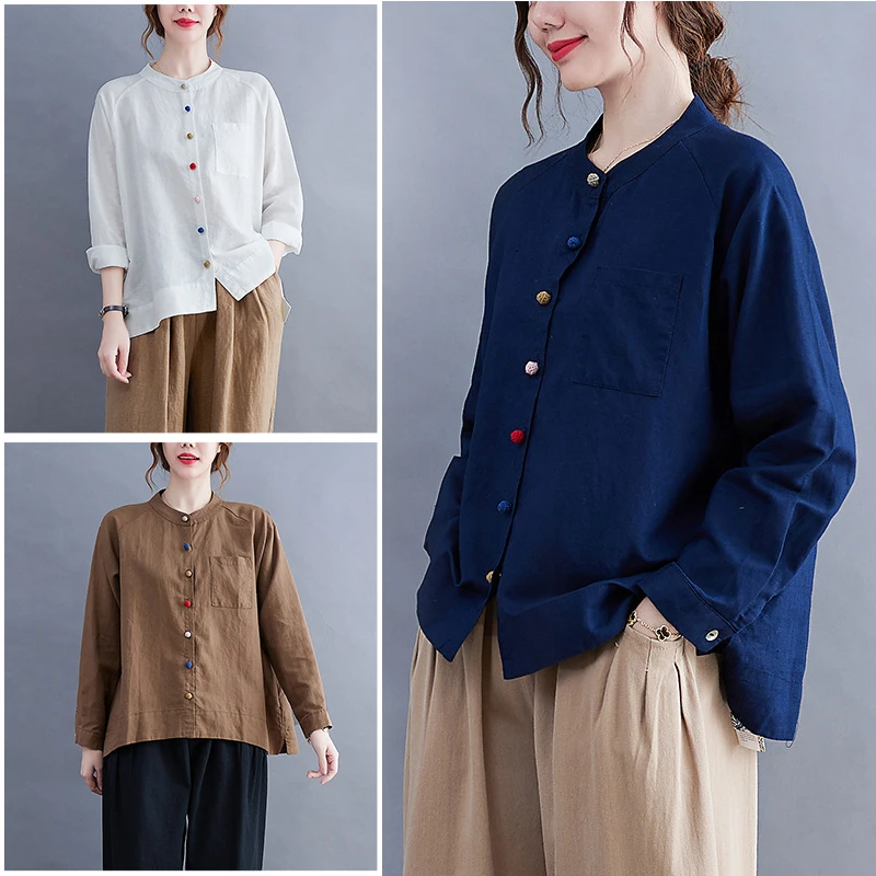 Women Spring Autumn Cotton Linen Shirt Lady Buckle Retro Literary Art Blouse Faux Linen Chic Casual Loose Shirts