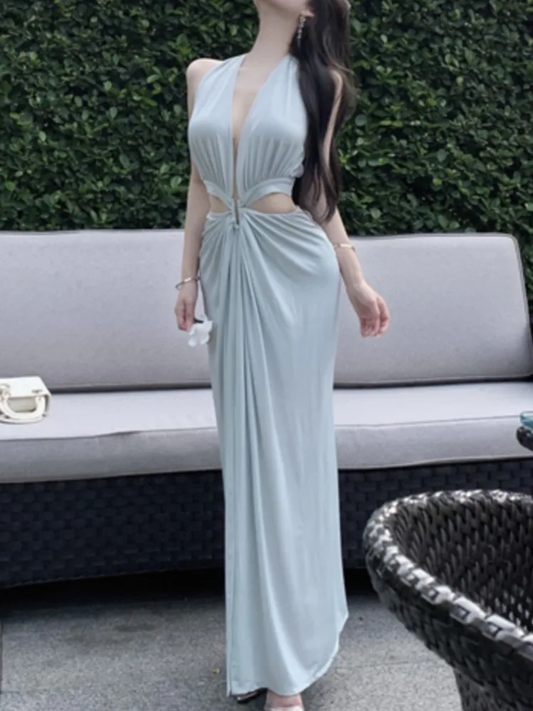 

Sexy Party Evening Dress Hotsweet Style V-Neck Halter Sleeveless Backless Slim Split Women's Dresses 2025 Spring Summer New Robe