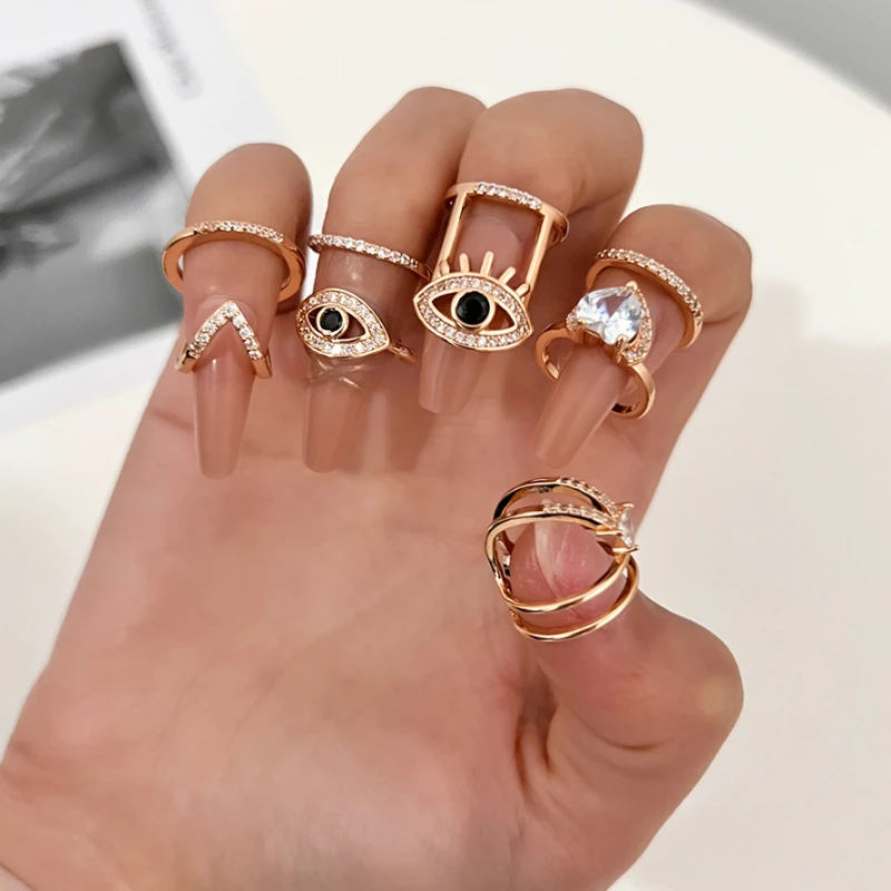 Rhinestone Alloy Nail Rings Press on Nails Elegant Wearable Adjustable Opening Rings Set for Women Manicure Jewelry Gift