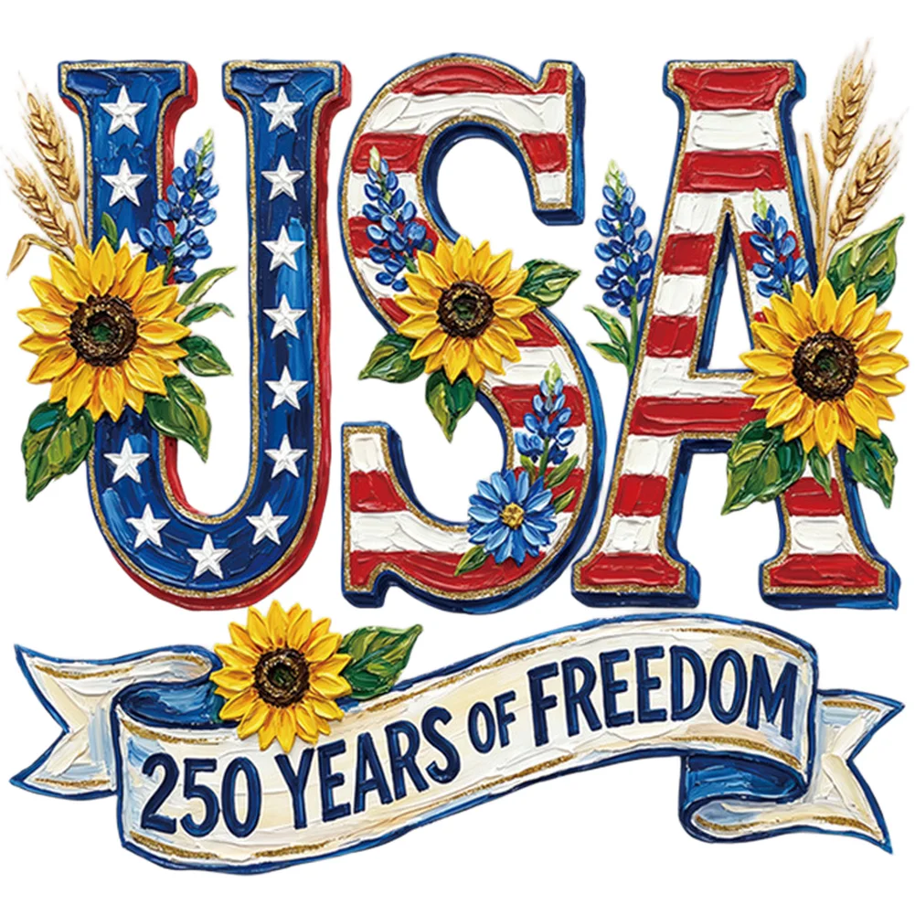 Independence Day PVC Window Decals Celebrating 250 Years Freedom with Sunflower Stars Stripes Design for Glass Wall Tile