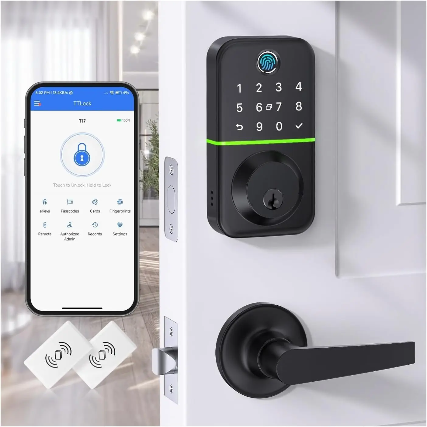 pad Door Lock With Handle Set: Fingerprint Deadbolt Smart Lock With 2 Levers - App Controlled Keyless Entry Door Lock -