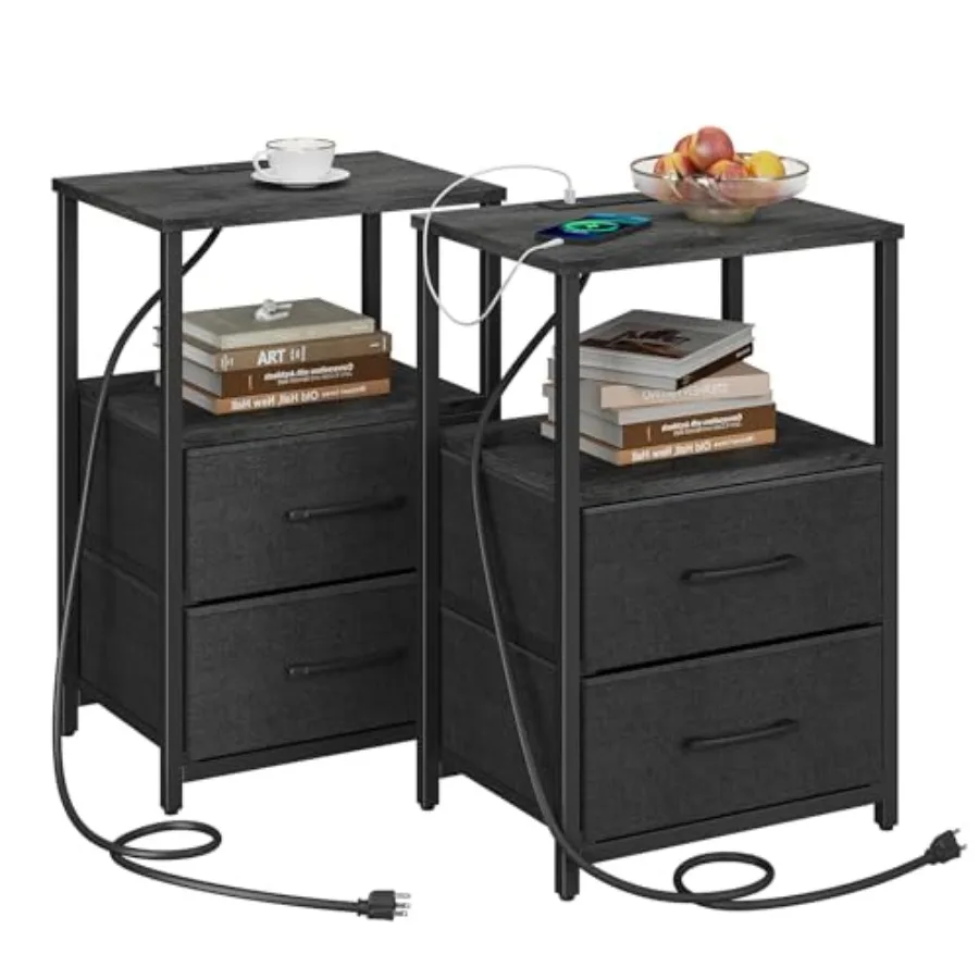 

Прикроватный столик с зарядной станцией, 2 USB-портами и розетками, тумбочка с тканевым ящиком, комплект из 2-х столиков для дивана, цвет черный