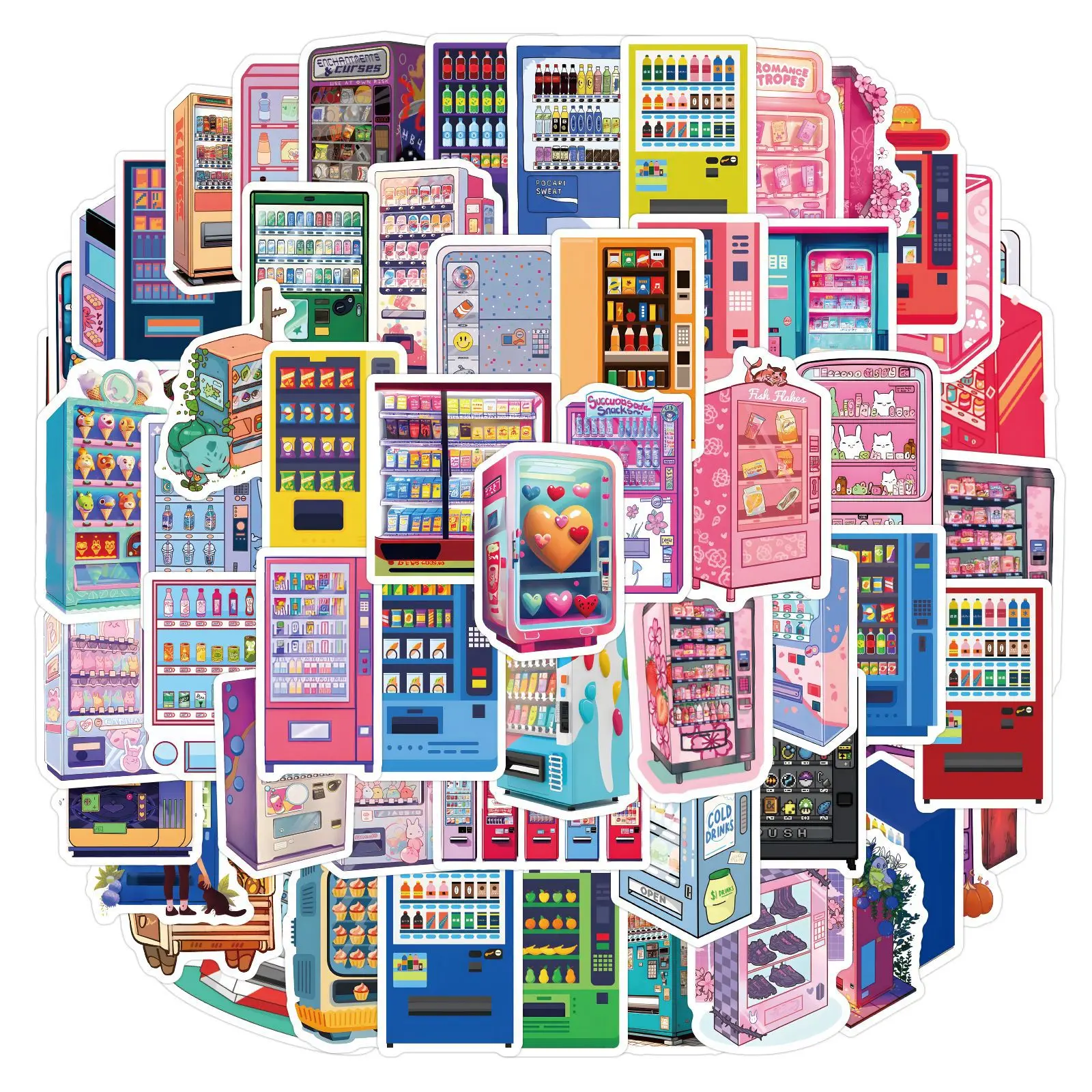 60Pcs Cartoon Vending Machine Stickers Set Cute Decals for Journal Notebook Water Bottle Laptop Computer Stationery Decor