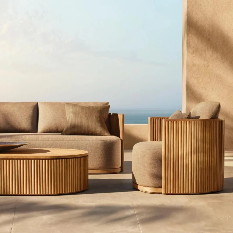 Modern Teak Outdoor Sofa Set with Waterproof Fabric Cushions Rust Proof & Durable for Garden Terrace & Beach Use