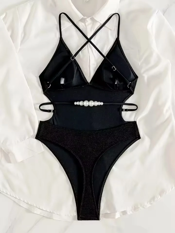 

Luxury Pearl Bandage Cross Backless One Piece Swimsuit Women Sexy Black V Neck Slim Bathing Suit Holiday Swimwear 2026 Monokini