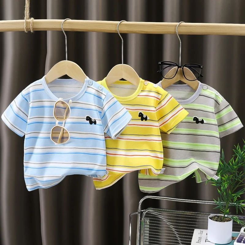 Sommerliches Baumwoll-Kinder-T-Shirt mit Streifenmuster und kurzen Ärmeln für Jungen und Mädchen, Vintage-Mode-Oberteil, kurzärmeliges Kinder-T-Shirt