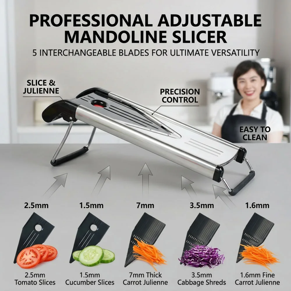 Stainless Steel Mandoline Slicer Adjustable with 5 Blades Food Safe Hand Guard and Cut Resistant Gloves for Kitchen