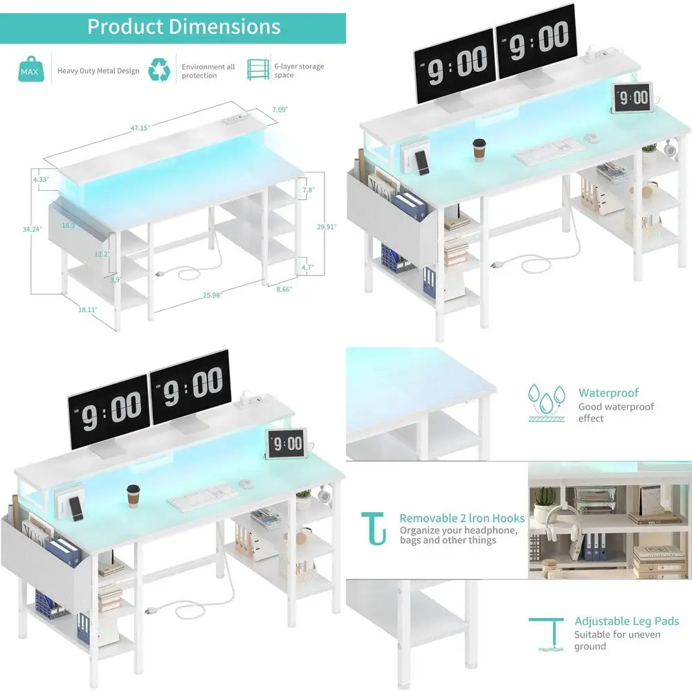 47 مكتب ألعاب للمكتب المنزلي باللون الأبيض مع مساحة تخزين ومصابيح LED ومنافذ طاقة
