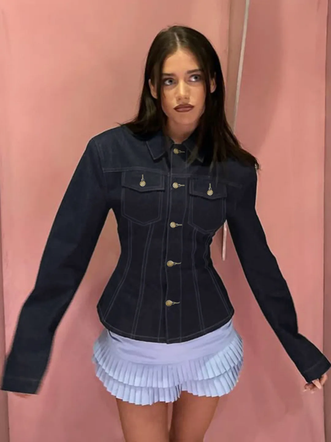 

Women's Long Sve Cowboy irt Jaet Waed Denim Patchwork Split Design Ladies Faion Autumn Wear Chinese Ethnic Sle