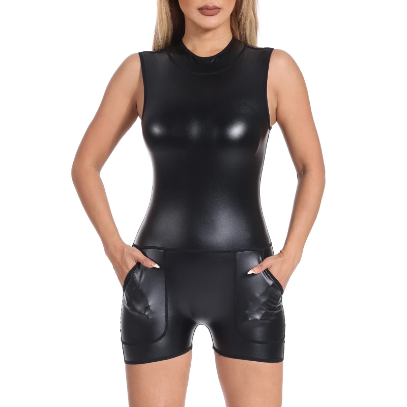 Women One Piece Faux Leather Shapewear Sleeveless Back Zip Bodysuit Lady Jumpsuits Rompers Playsuits Tank Top Shaper with Pocket